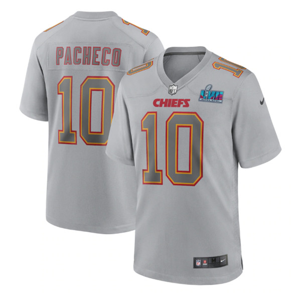 Men's Kansas City Chiefs #10 Isiah Pacheco Gray Super Bowl LVII Patch Atmosphere Fashion Stitched Game Jersey